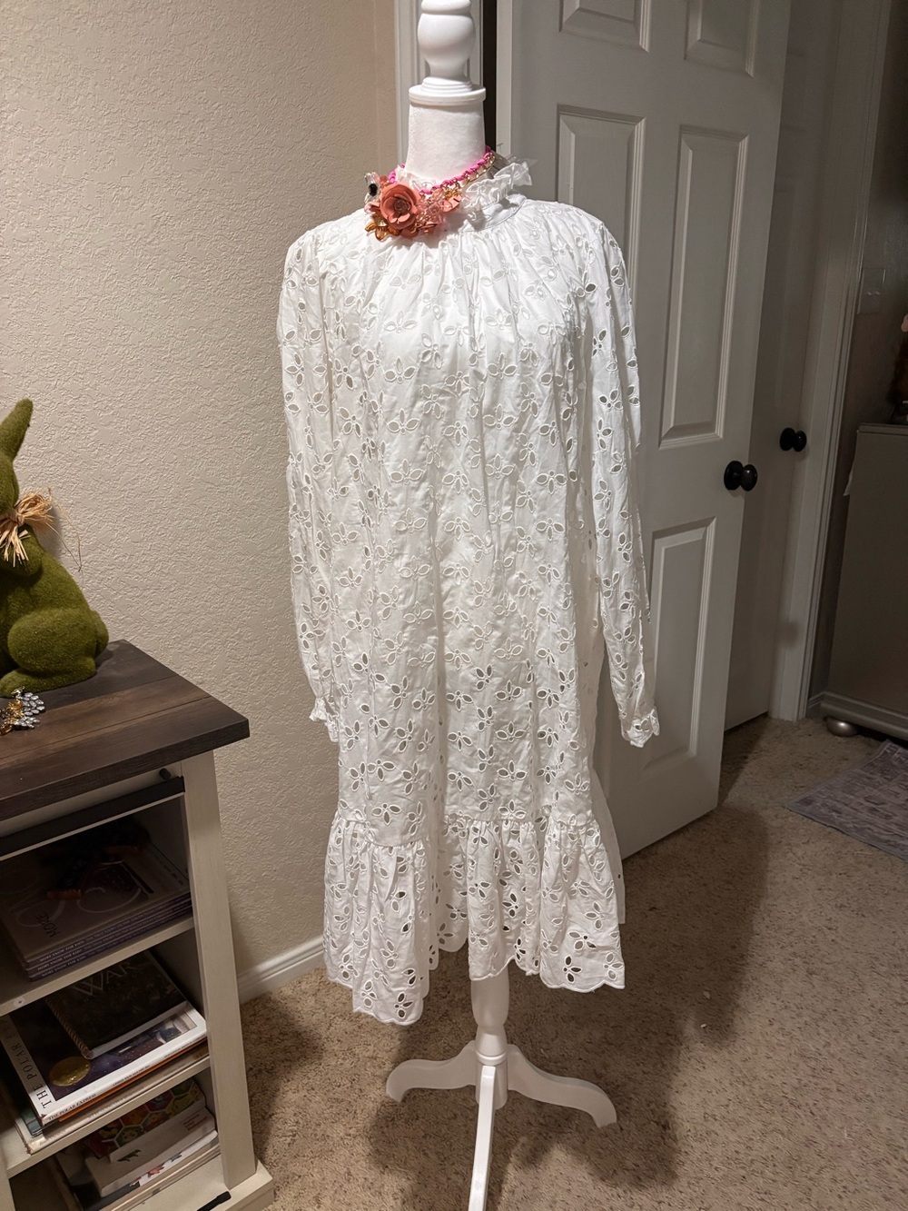 J. Crew White Eyelet Midi Dress with Ruffle Hem